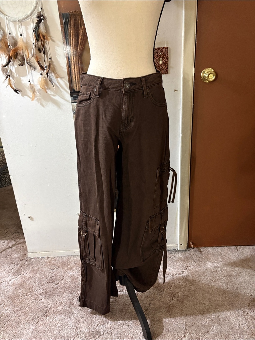 wild fable Brown Wide-Leg Cargo Jeans with Side Ties